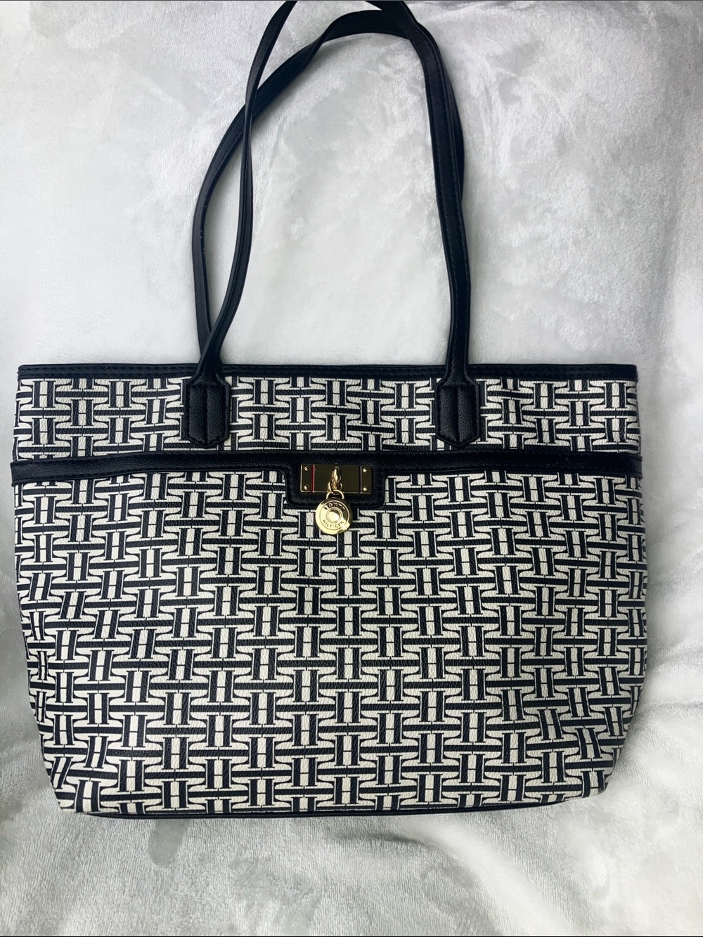Tommy Hilfiger  Black and White Jacquard Logo Tote with Gold Accent
